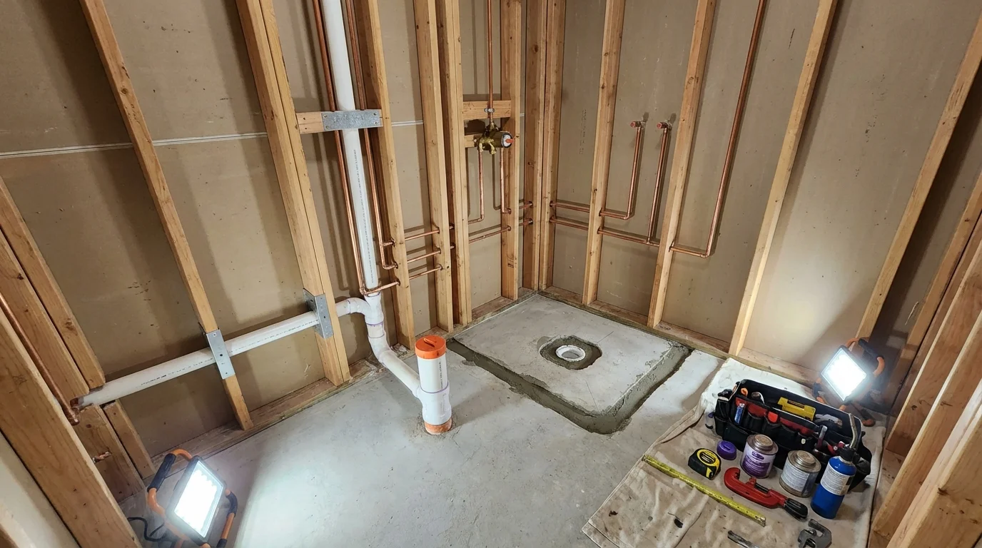Bathroom rough-in plumbing during remodel by Johns Plumbing LLC in Gibsonburg