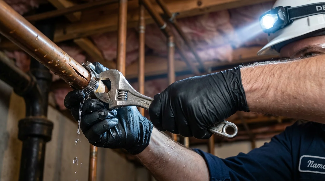 Emergency pipe clamp repair being performed by a Johns Plumbing LLC plumber in Gibsonburg