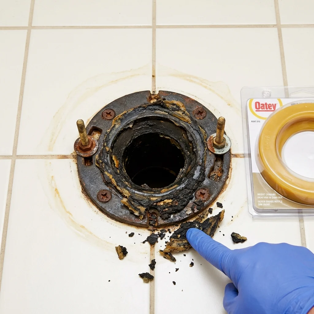 Failed wax ring showing water seepage at the base of a toilet in a Gibsonburg, OH home