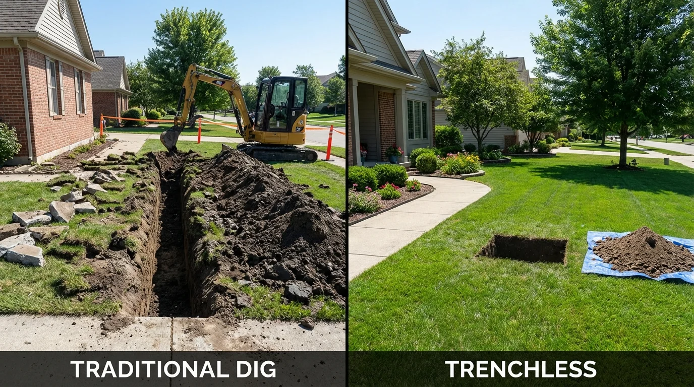 Trenchless sewer repair with minimal yard damage versus traditional excavation in Gibsonburg, OH
