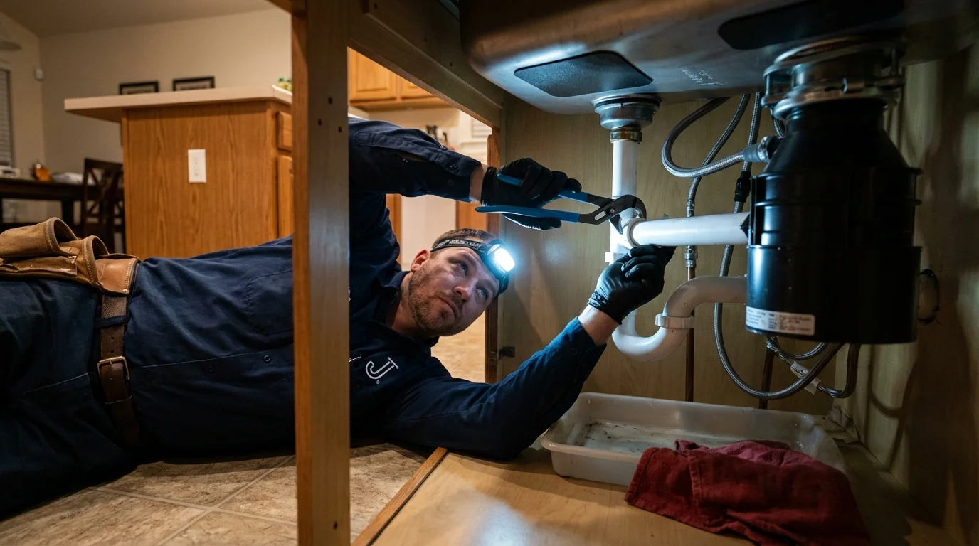 P-trap and supply line connections under a kitchen sink showing a common leak point in Gibsonburg, OH
